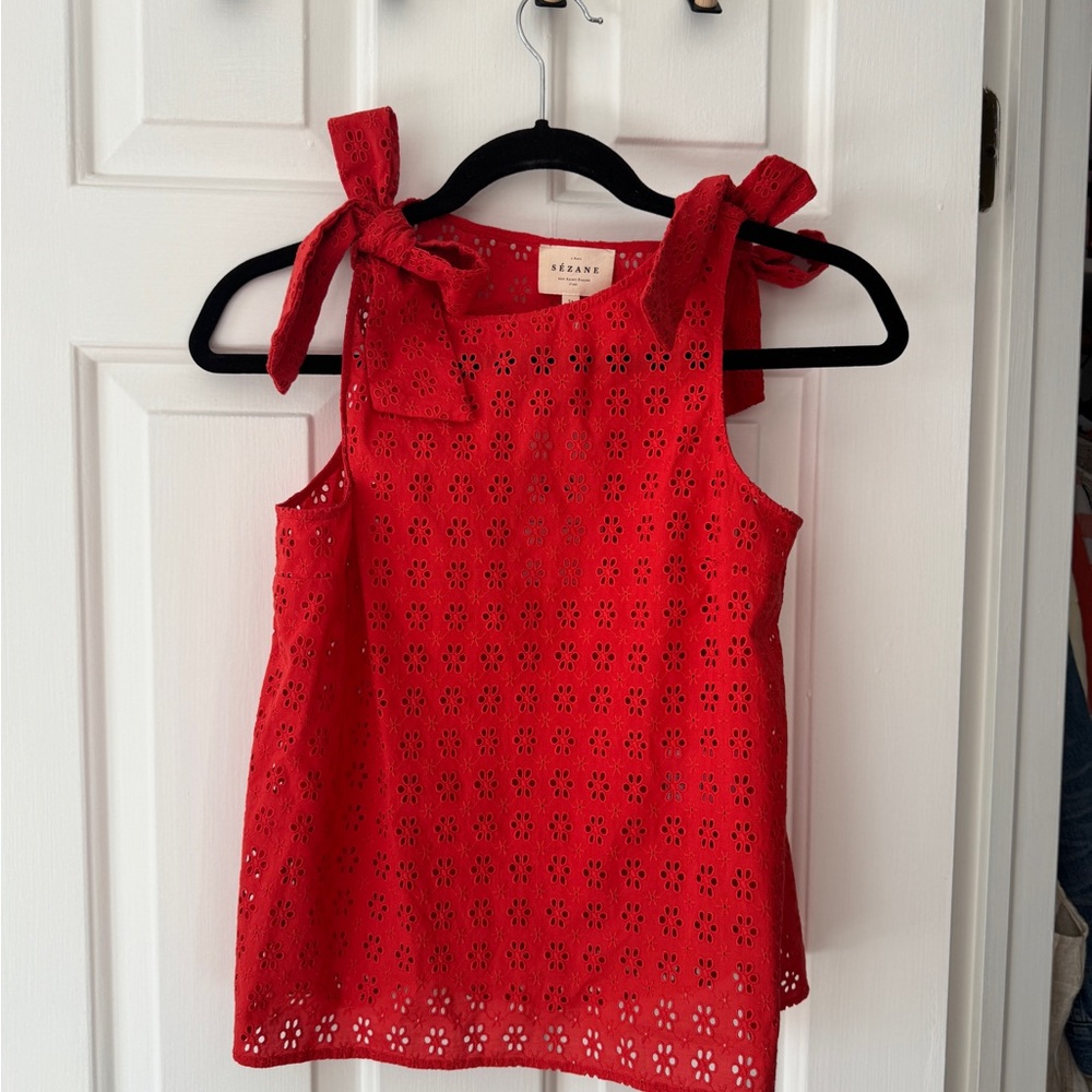 NWT Sezane Gustavia Top Red Eyelet Sleeveless with Bow Straps